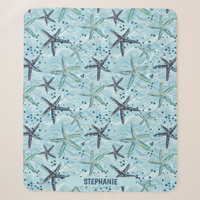 Light Blue and Gold Starfish on Ocean Wave Pattern Sherpa Blanket (Front)