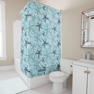 Light Blue and Gold Starfish on Ocean Wave Pattern Shower Curtain