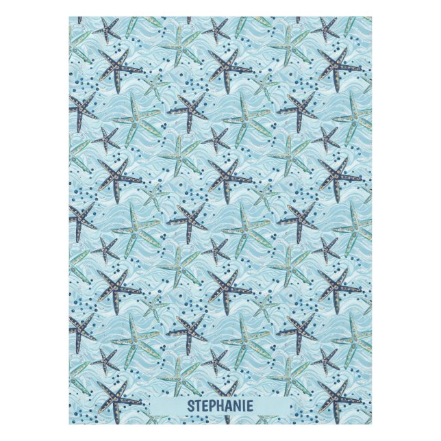Light Blue and Gold Starfish on Ocean Wave Pattern Tablecloth (Front)
