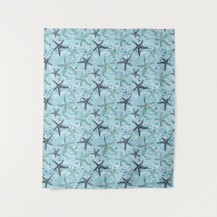 Light Blue and Gold Starfish on Ocean Wave Pattern Tapestry