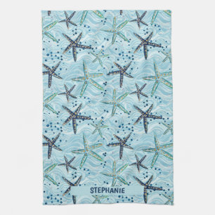 Light Blue and Gold Starfish on Ocean Wave Pattern Tea Towel
