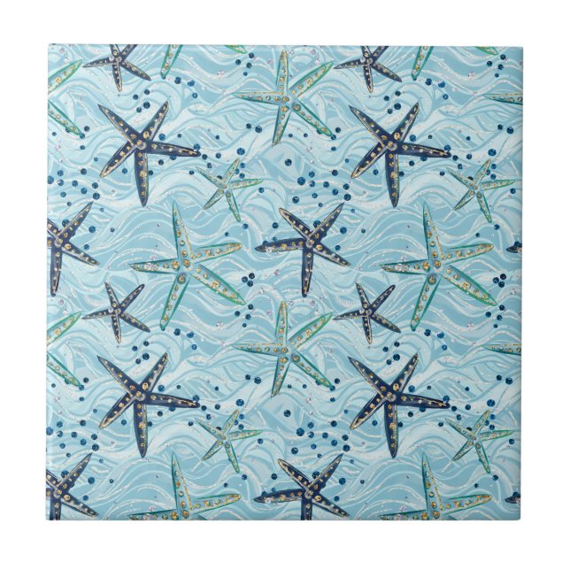 Light Blue and Gold Starfish on Ocean Wave Pattern Tile (Front)
