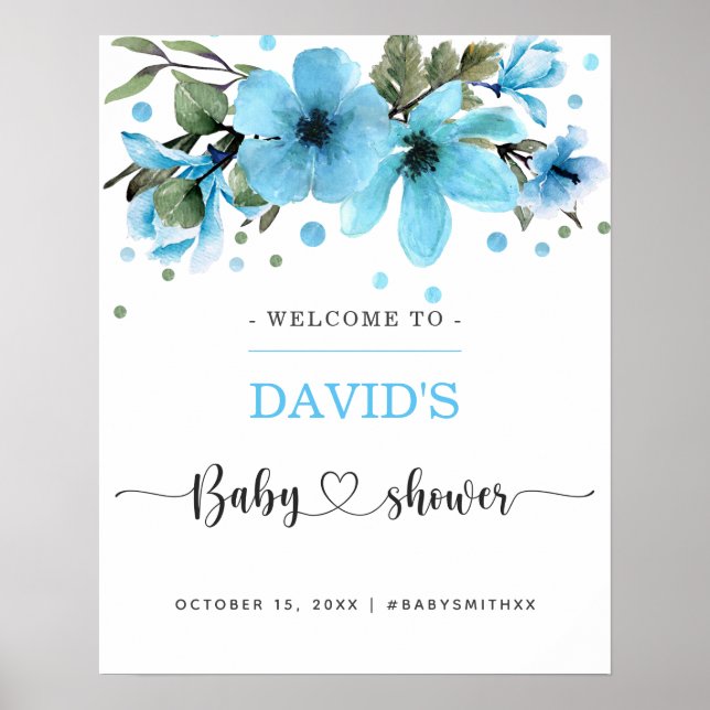 Light blue and gold watercolor Boy baby shower Poster (Front)