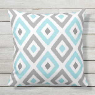 Light Blue and Grey Ikat Diamond Pattern Cushion