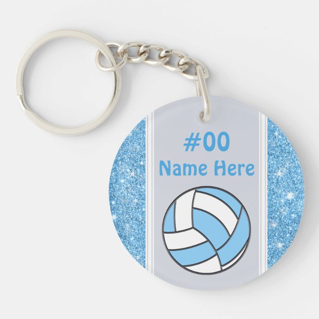 Light Blue and Grey, Personalised Volleyball Gifts Key Ring (Front)
