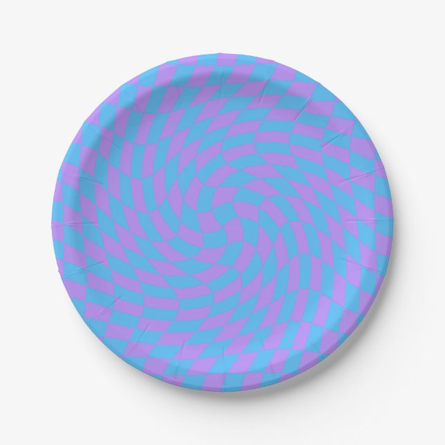 Light Blue and Lavender chequered art pattern Paper Plate (Front)