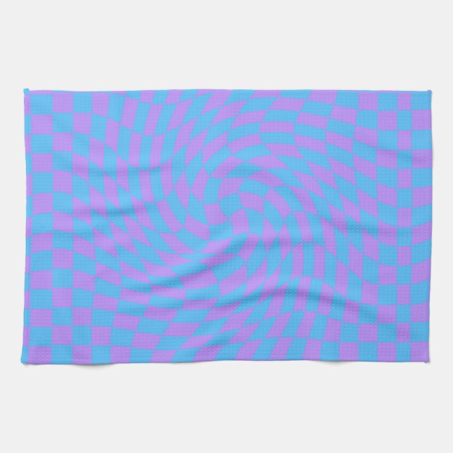 Light Blue and Lavender chequered art pattern  Tea Towel (Horizontal)