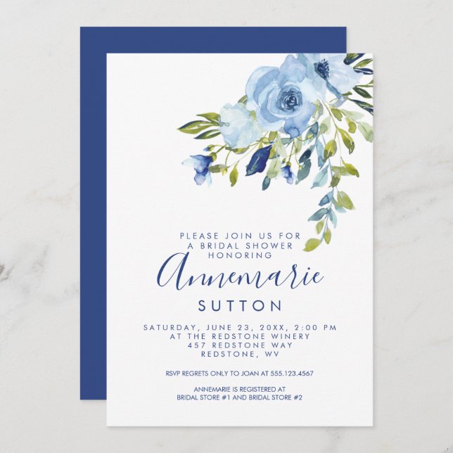 Light Blue and Navy Floral Bridal Shower | Invitation (Front/Back)