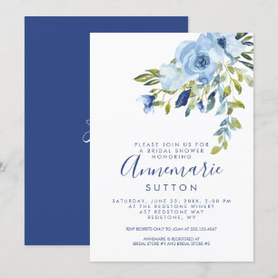 Light Blue and Navy Floral Bridal Shower   Invitation