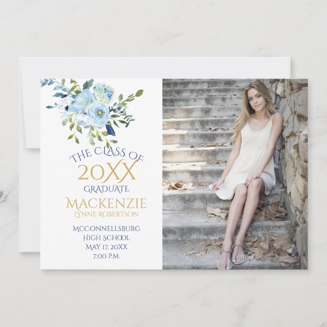 Light Blue and Navy Floral Photo Graduation Announcement (Front)