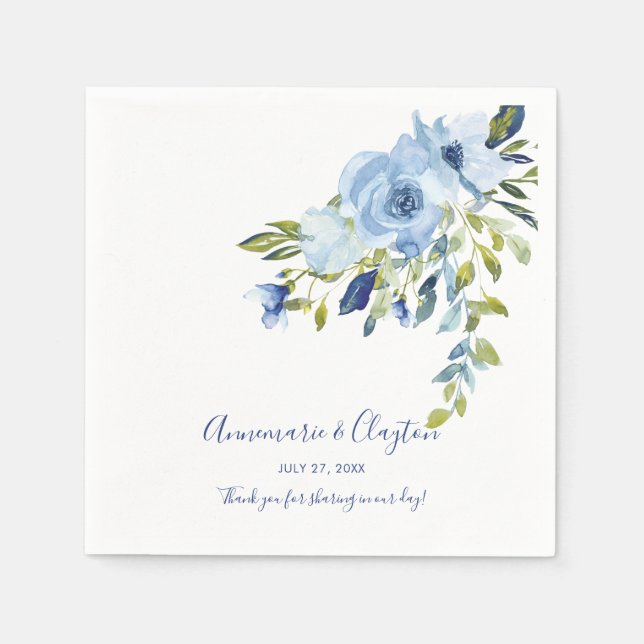 Light Blue and Navy Floral Reception | Napkin (Front)