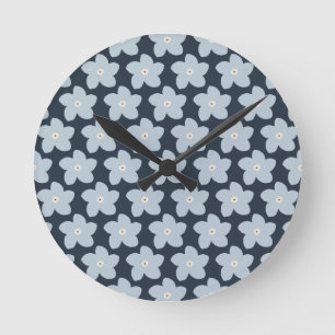 Light Blue And Navy Retro Flower Round Clock