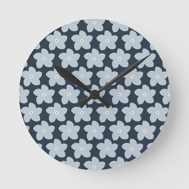 Light Blue And Navy Retro Flower Round Clock (Front)