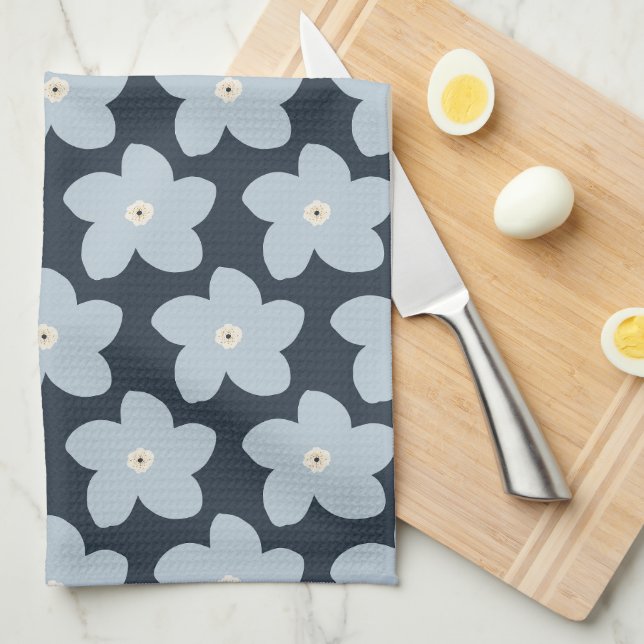 Light Blue And Navy Retro Flower Tea Towel (Quarter Fold)