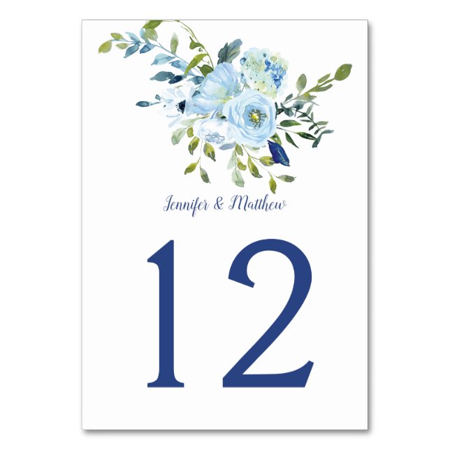 Light Blue and Navy Watercolor Floral | Table Number (Front)