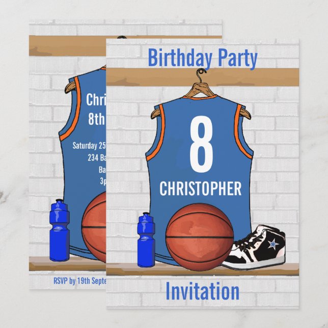 Light Blue and Orange Basketball Jersey Birthday Invitation (Front/Back)