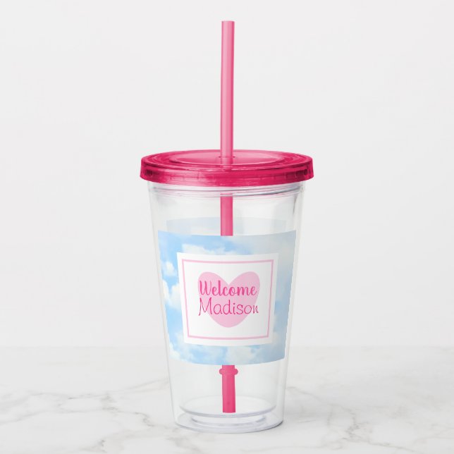 Light Blue and Pink Heart Baby Girl Shower Acrylic Tumbler (Front)