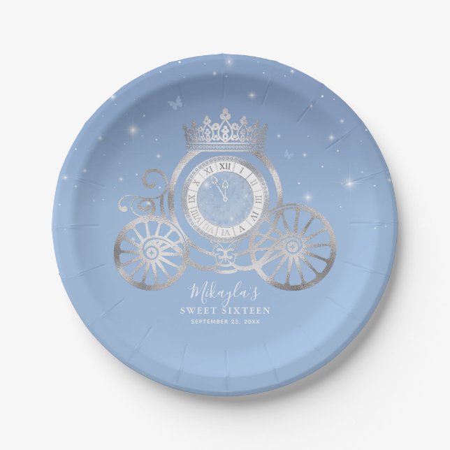 Light Blue and Silver Cinderella Princess Birthday Paper Plate (Front)