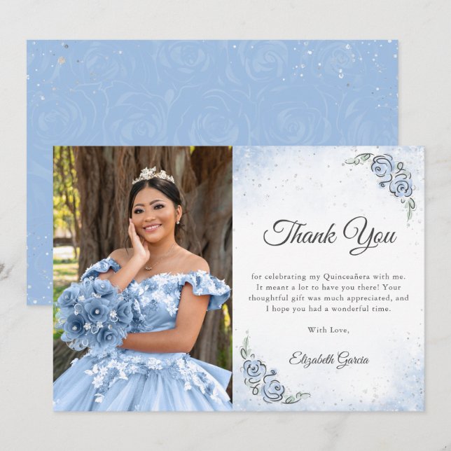 Light Blue and Silver Princess Quinceanera Photo Thank You Card (Front/Back)