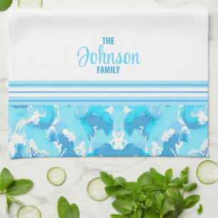 Light blue and White Abstract with striped & name Tea Towel