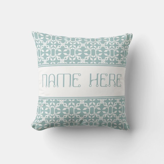 Light Blue And White Art Deco Modern Custom Name Cushion (Front)