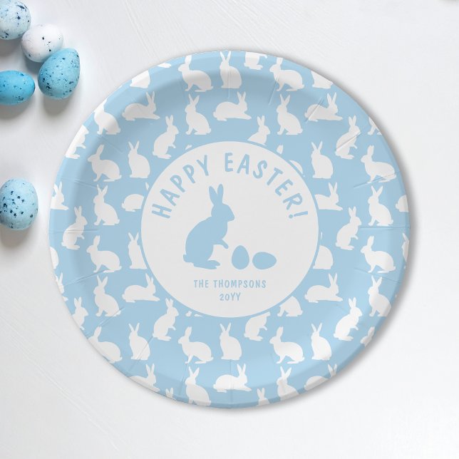 Light Blue And White Bunny Pattern Happy Easter Paper Plate (Creator Uploaded)