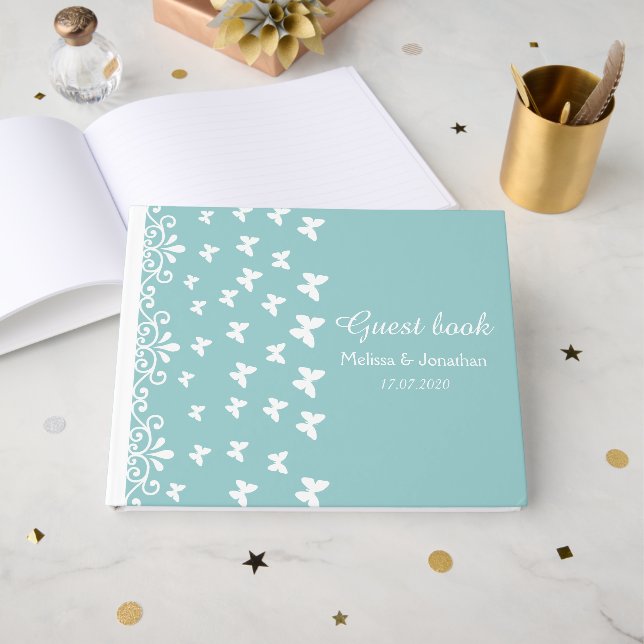 Light blue and White butterflies swirls Wedding Guest Book (Front Open)
