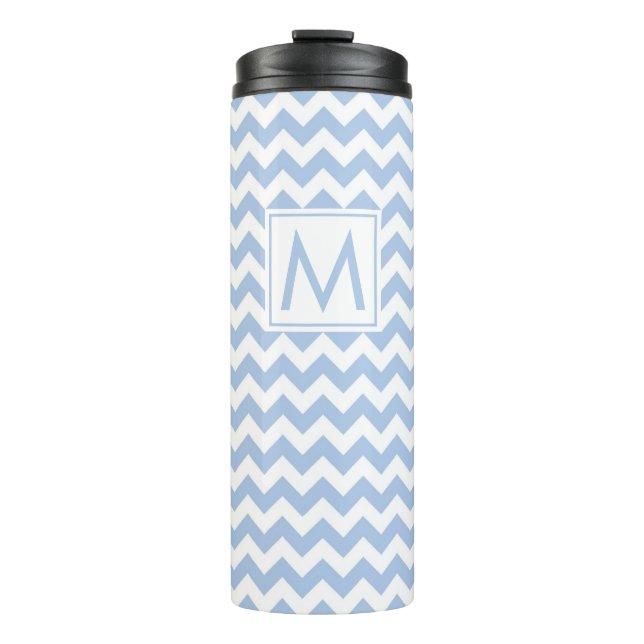 Light Blue and White Chevron Stripes with Monogram Thermal Tumbler (Front)