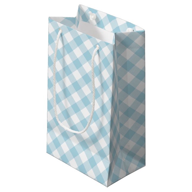 Light Blue and White Diagonal Gingham Small Gift Bag (Front Angled)