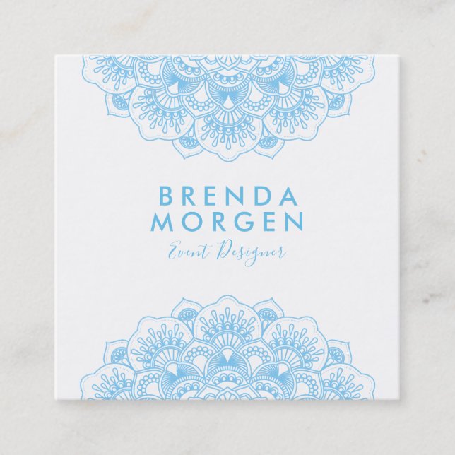 Light-blue and white floral mandala square business card (Front)