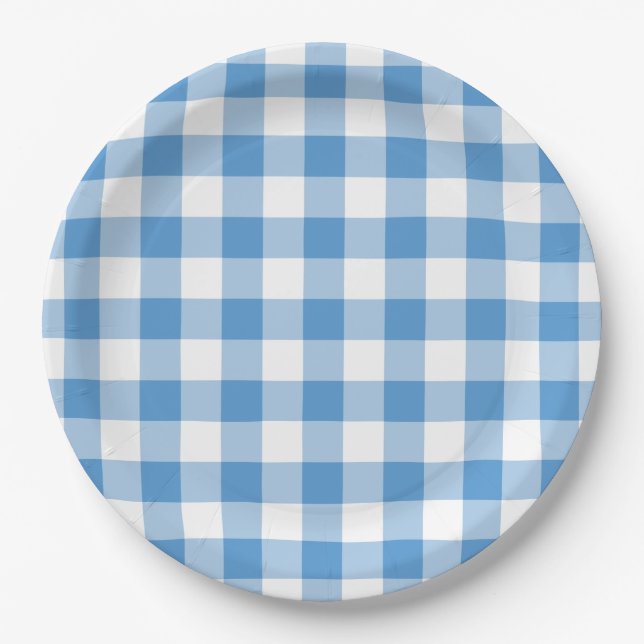 Light Blue and White Gingham Pattern Paper Plate (Front)