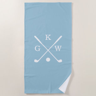 Light Blue and White Golf Clubs Monogram Golf Beach Towel