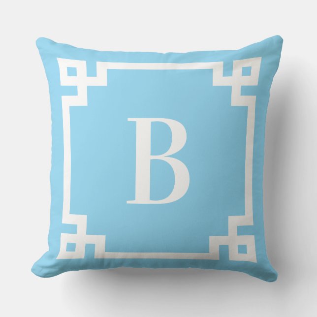 Light Blue and White Greek Key Border Monogram Cushion (Front)
