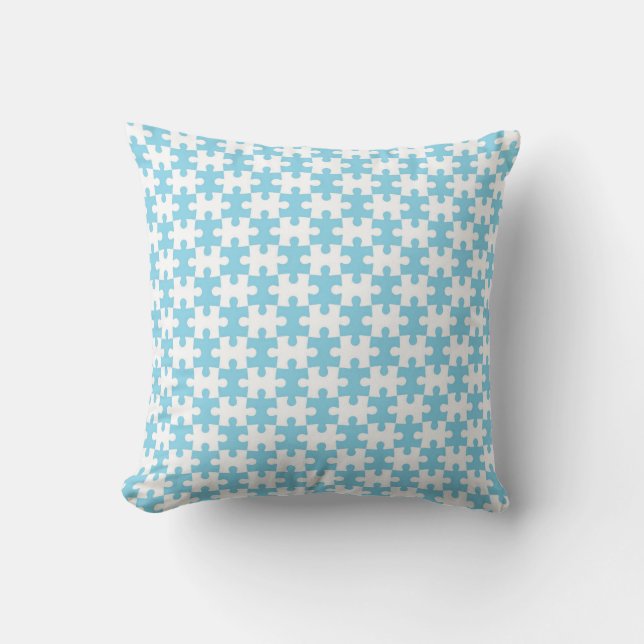 Light Blue and White Jigsaw  Puzzle Piece Pattern Cushion (Front)