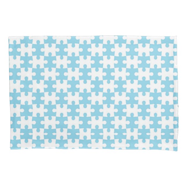 Light Blue and White Jigsaw  Puzzle Piece Pattern Pillowcase (Front)