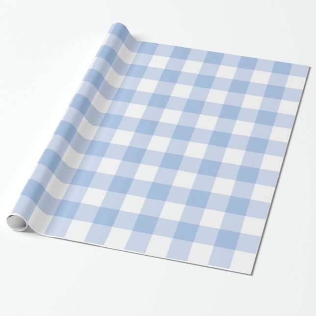 Light Blue and White Plaid Gingham Wrapping Paper (Unrolled)