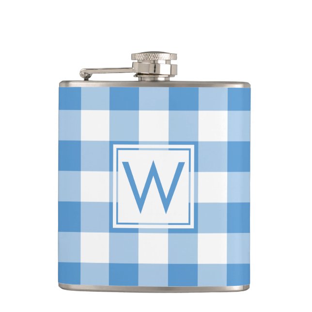 Light Blue and White Plaid Pattern with Monogram Hip Flask (Front)