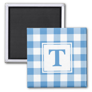 Light Blue and White Plaid Pattern with Monogram Magnet