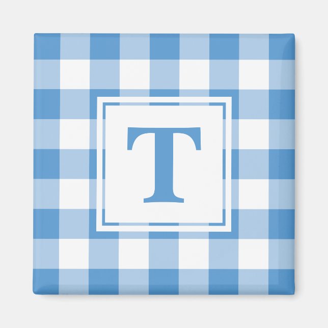 Light Blue and White Plaid Pattern with Monogram Magnet (Front)