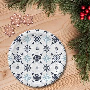 Light Blue and White Snowflake Paper Plate