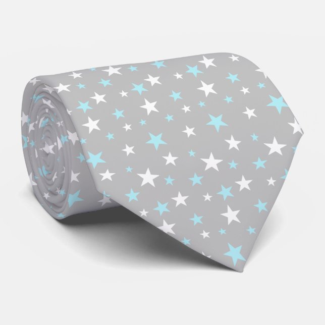 Light Blue and White Stars on Light Silver Grey Tie (Rolled)
