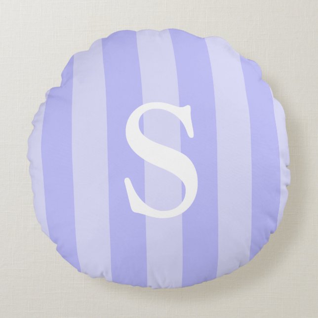 Light Blue And White Striped Monogrammed Round Cushion (Front)