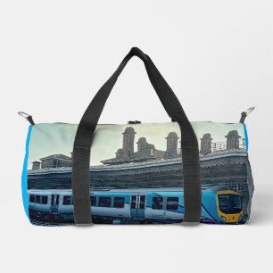 Light blue and yellow train duffle bag