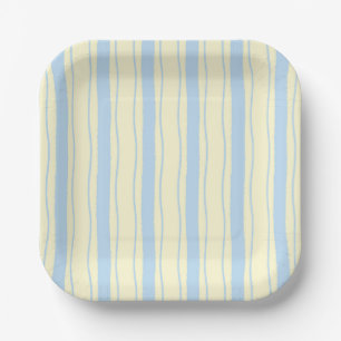 Light Blue and Yellow Wavy Coastal Stripes Paper Plate