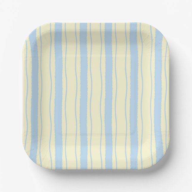 Light Blue and Yellow Wavy Coastal Stripes Paper Plate (Front)