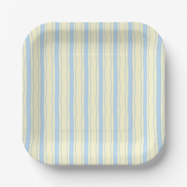 Light Blue and Yellow Wavy Stripes Paper Plate (Front)