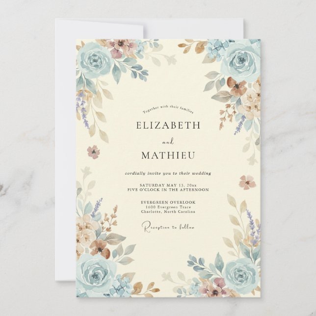 Light Blue Antiqued Floral Wedding Invitation (Front)