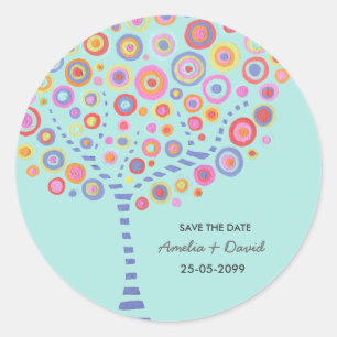 Light Blue Aqua Retro Circle Tree Save the Date Classic Round Sticker