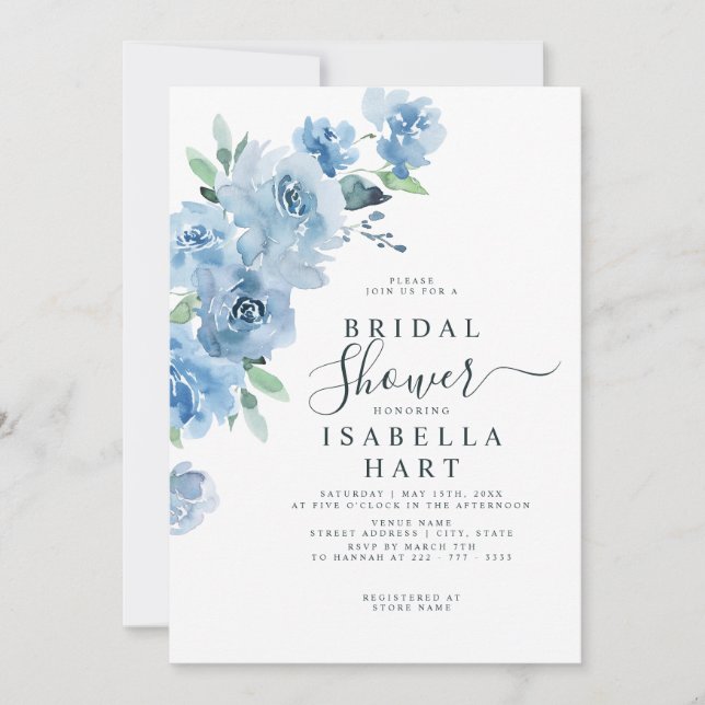 Light Blue Baby Blue Elegant Floral Bridal Shower Invitation (Front)