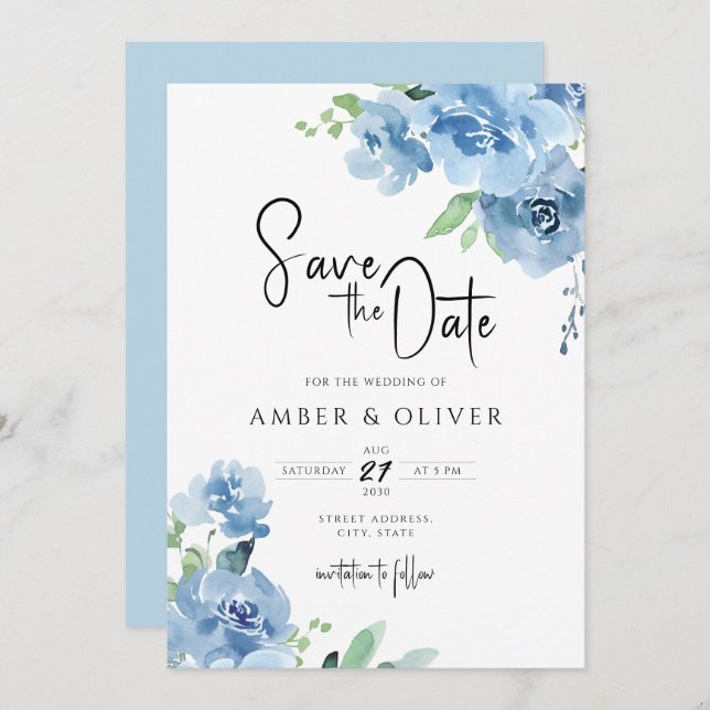 Light Blue Baby Blue Floral Leaves Save The Date I Invitation (Front/Back)